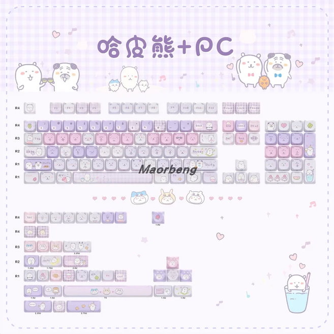 MAO Highly Happy Bear 테마 승화 키캡 플러스 PC 인쇄 투명 대형 풀 세트 크로스 핑크 퍼플, 03 140