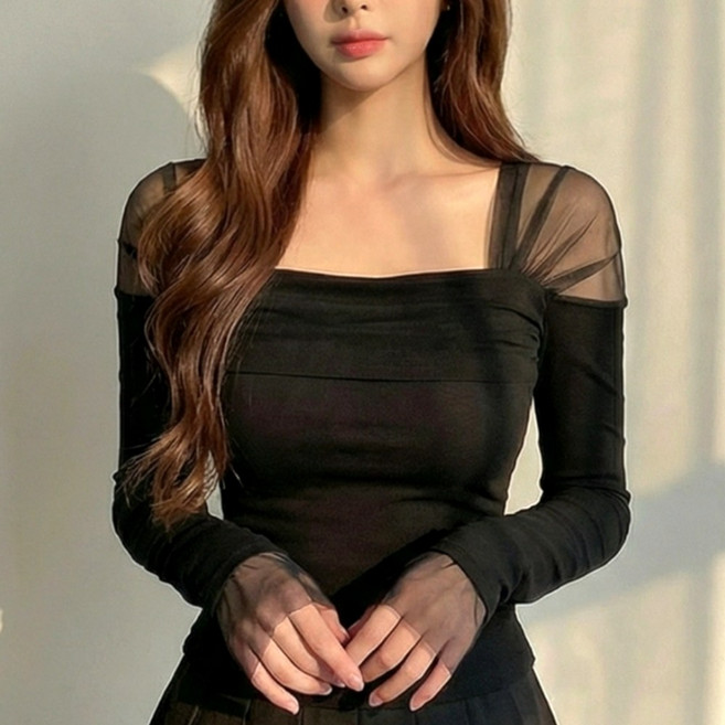 <청담코코> 시스루 오프숄더티셔츠 슬림핏 이너긴팔티