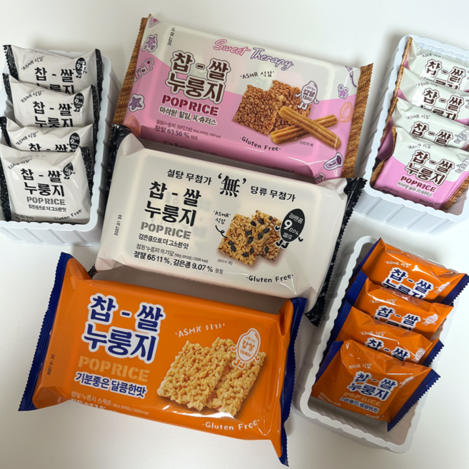 찹쌀 누룽지 과자 소포장세트 (스위트+검은콩무가당+츄러스) 누룽지 팝라이스 쌀과자, 3세트, 296g
