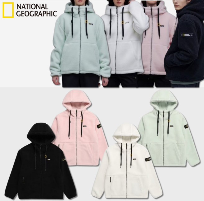 매장판정품 내셔널지오그래픽 남여 공용 플리스 뽀글이 후드 집업 로고 겨울 후리스 데일리 아우터