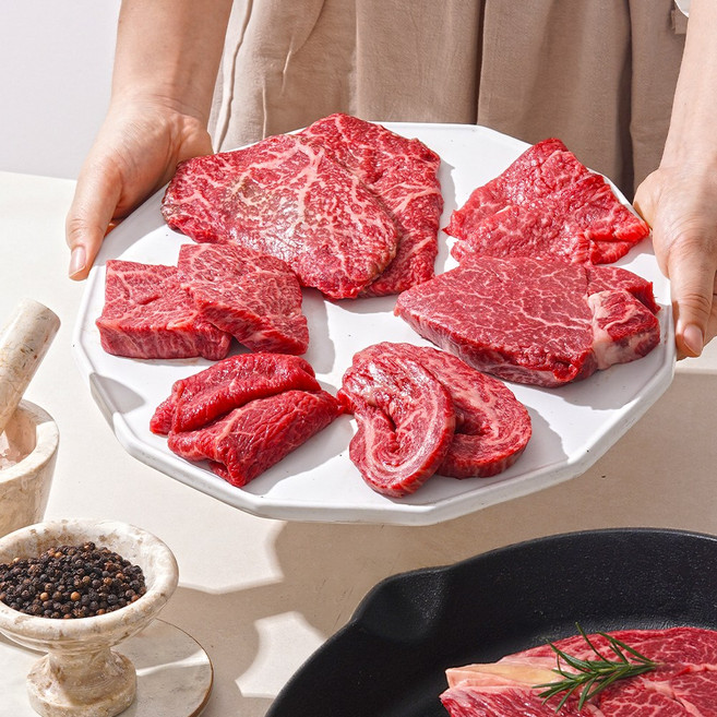 [미쓰하누] 1++No.9 한우 우슐랭 오마카세 400g 새우살 등심+안심+살치살+로스 [디너코스], 1개