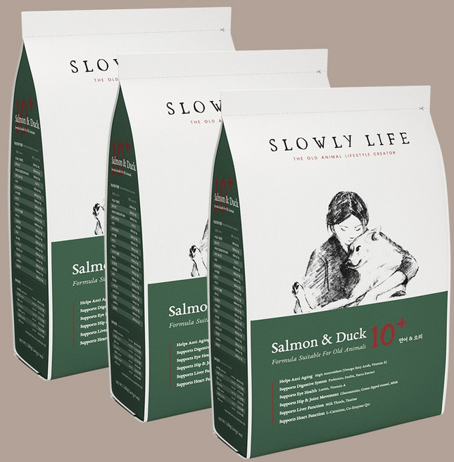 슬로울리라이프 노령견 노견 전용 사료 시니어 항산화보충 부드러운 소프트사료, 3개, 1.6kg, 연어+오리