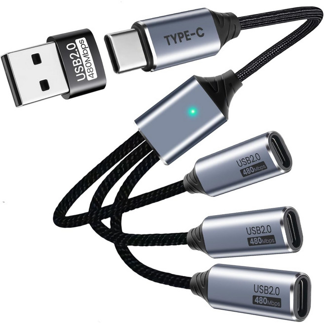 USB-C 3포트 분배기 USB 어댑터 데이터 전송 지원 충전 겸용 멀티 Type-C 암 변환 케이블 스마트폰/PC/USB메모리/키보드/프린터 호환, 1개, 블랙