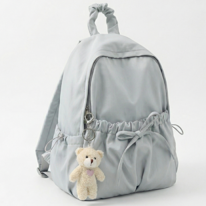 닷옴 여성 나일론 리본 셔링 발레코어 포켓 백팩 곰인형 키링 가벼운 가방