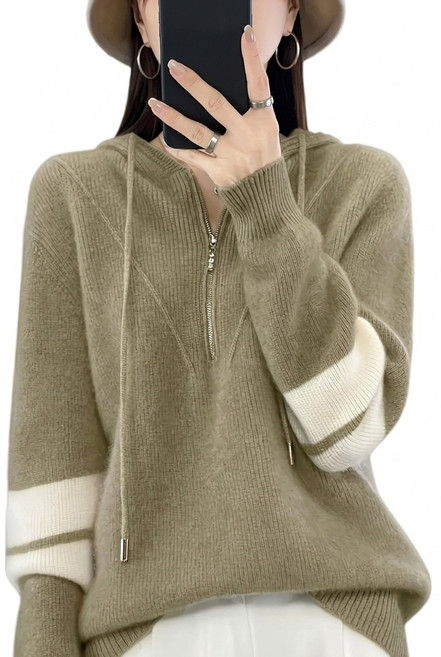 니트 파커 레이디스 하프 Zip 배색 테두리 어른 귀여운 끈적 거리는 부드러운 풀오버 탑스