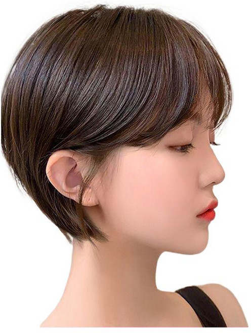 티류으스 여성 인모 숏컷 통가발 티아나 스타일 자연스러운 짧은 머리 H062116, 간호용 대형 선물 패키지 증정, 다크 다크 브라운, 1개