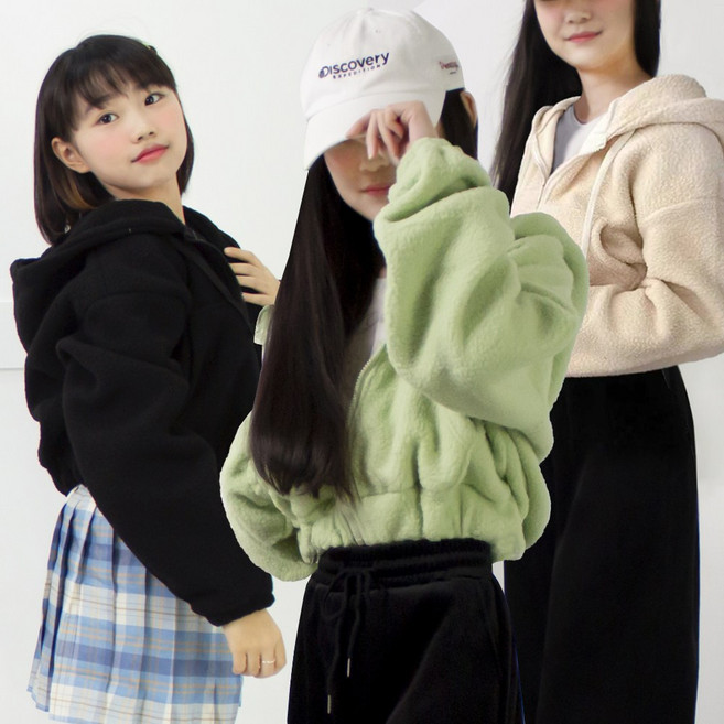 알럽베이비 주니어 플리스 뽀글이 양털 후드 크롭 집업 점퍼 겨울 기모 긴팔 자켓 가을 숏패딩