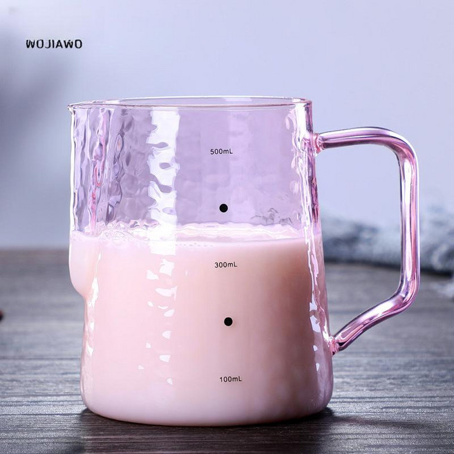 스팀피쳐 밀크저그 카페 20oz600ml 우유 기 주전자 유리 커피 다채로운 투수 바리스타 에스프레소 라떼 거품, 1개, 핑크 해머드 컵 550ml 전자레인지용