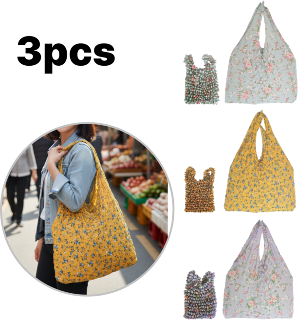 접이식 플리츠 버블백 매직 신축 에코백 꽃패턴 쇼핑백 파인애플 텍스처 핸드백 3P세트, 3개, 혼합색상