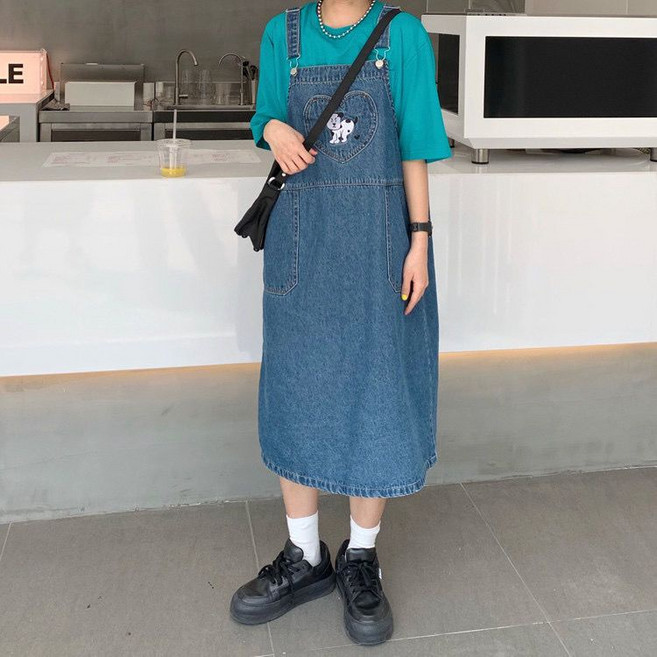 牛仔吊帶裙 可愛狗狗 長裙寬松牛仔背帶裙, 圖片色,S 【建議100斤以下】