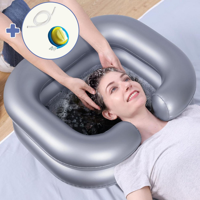 GAPINO 환자 머리 감기기 도구 PVC 누워서 머리감는 대야 목이편안한 세발기 회색 1 m 호스+공기주입공구, 1개