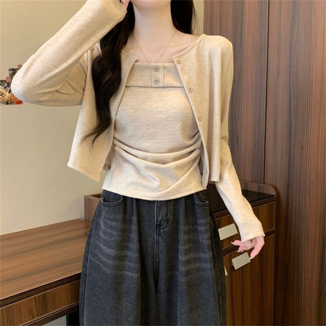 TKX 투피스 여성용 봄 가을 캐주얼 여름 민소매 탑 가디건 세트 캐주얼 버튼 디자인 데일리 루즈핏 K51