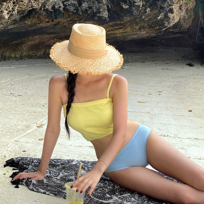 [비치팜]베리 폼폼이 비키니 상의 수영복 비치 브라 탑, 옐로우