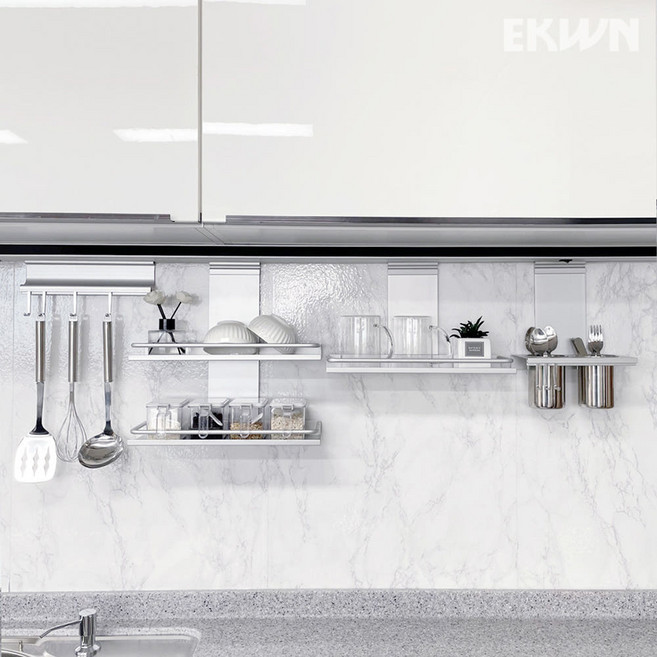 EKWN 에쿤 팬텀 주방 악세사리 4종 세트 행거레일 조리도구 걸이 선반 수저통 수납정리, 1개, 실버