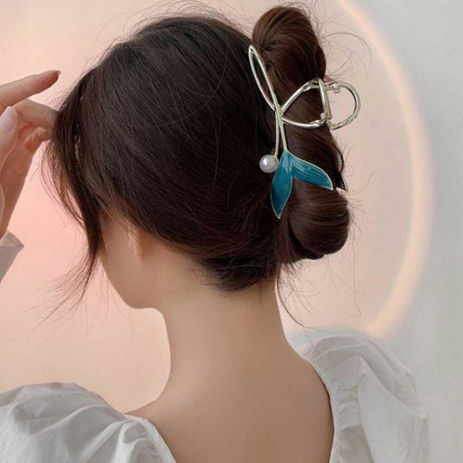 1/2구성 고래 꼬리 진주 골드 헤어 집게핀 블루 메탈 여성 머리핀 올림 머리 반묶음