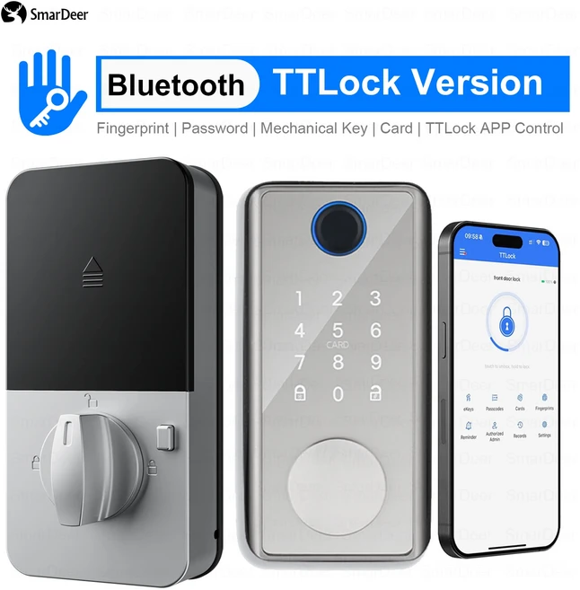 TTLock 스마트 잠금 장치용 SmarDeer 전자 앱 원격 제어 키리스 출입 지문 디지털 데드볼트, 01 Silver
