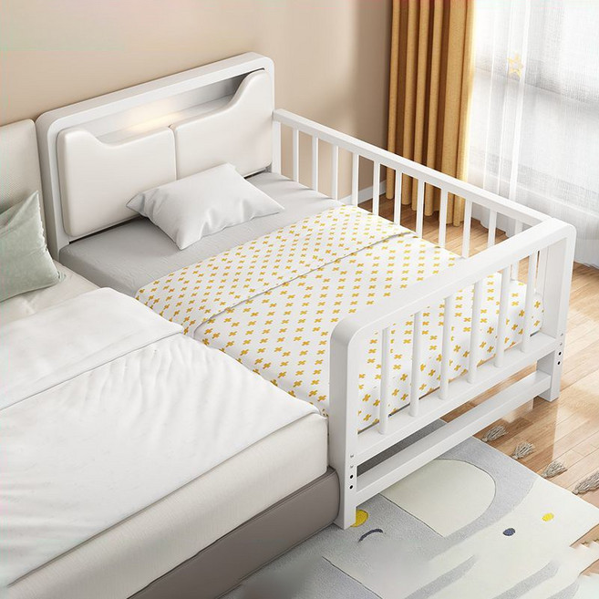 모던 스타일 철제 침대프레임 침실용 아동 연결 침대, 화이트+삼면가드+매트리스(5CM)