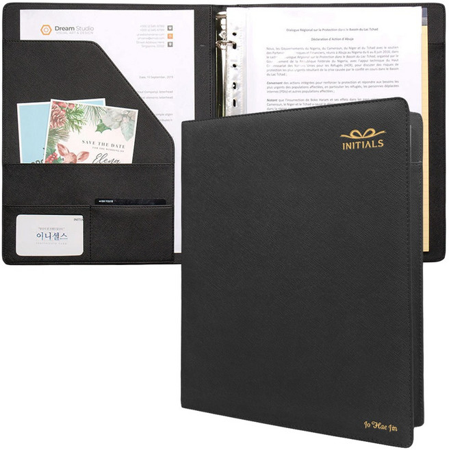 이니셜스 사피아노 고급 링바인더 / 이름 로고 각인 포트폴리오 악보집 3공 바인더, 사피아노 블랙