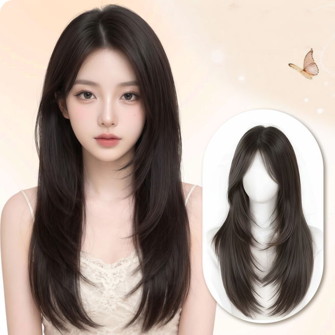 Leesheer 일체형 여성 통가발 데일리 수제 여성 가발 앞머리 가발, 1개, 흑갈색