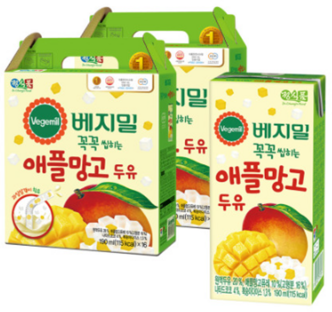베지밀 과일이 꼭꼭 씹히는 애플망고 두유, 190ml, 69개