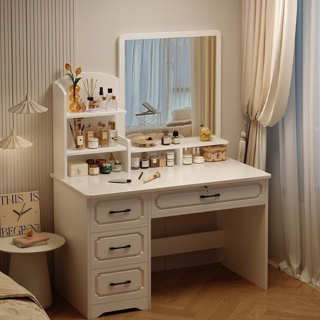 Tixpra 심플 고급 모던 화장대 예쁜 화장대 수납 서랍 거울세트, 흰색