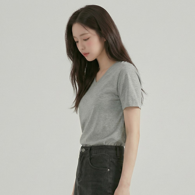 엠제이스타 여성 무지 시원한 심플 스판 브이넥 반팔 티셔츠 10color