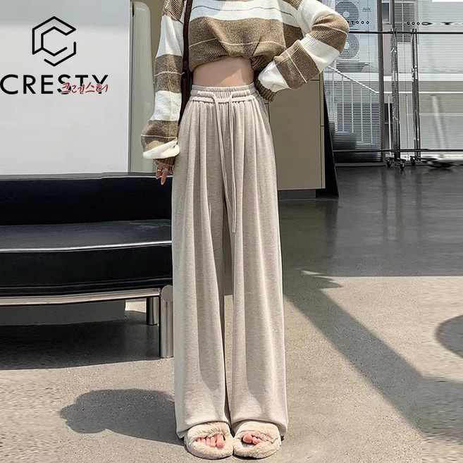 크레스티 여성 사계절 하이웨스트 밴딩 바지 날씬해 심플 와이드 팬츠