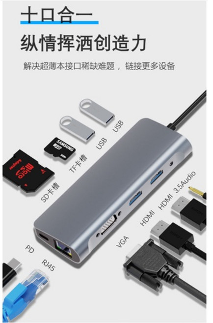 USB-C 多功能擴展塢 10合1集線器 雙HDMI 4K PD充電 千兆網口 SD/TF卡槽 VGA 音訊, 詳見包裝, 詳見包裝
