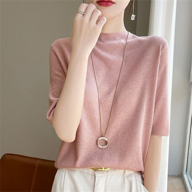 TKX 여성 봄 여름 하이넥 니트 심플 편안한 반팔 부드러운 루즈핏 5부소매