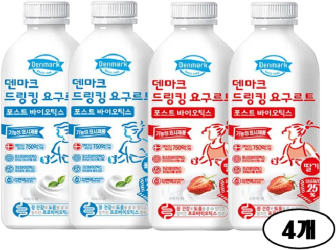 덴마크 드링킹 요구르트 포스트 바이오틱스 플레인/딸기, 4개, 750ml