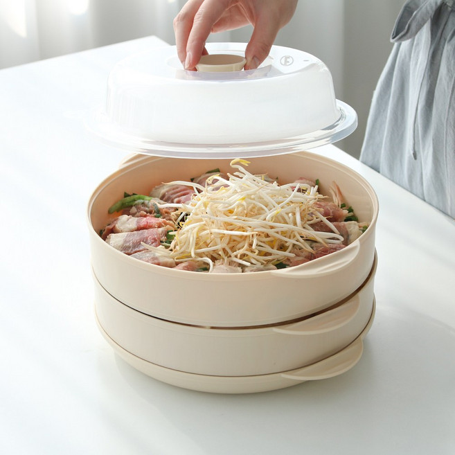 국산 칸칸 전자레인지 친환경 PP 용기 냉장 냉동 식품 야채 고기 2단 적층 찜기 세트, 칸칸 전자레인지 2단 찜기 세트, 1개