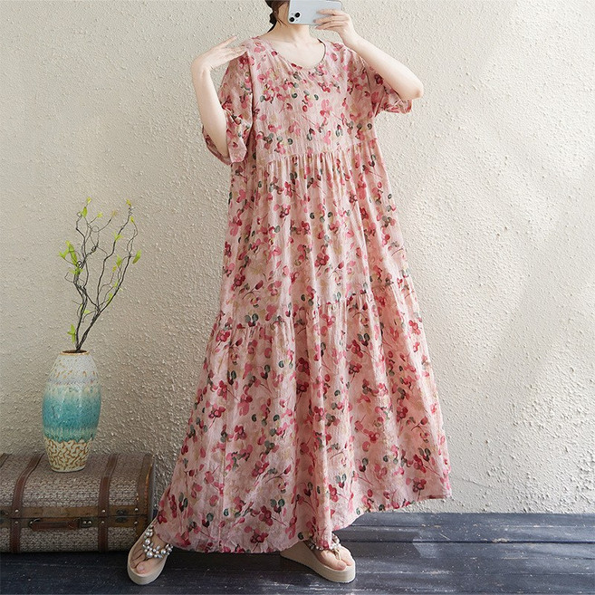 티티웍스 여성 빅사이즈 라운드넥 오버핏 꽃무늬 캉캉 반소매 롱 원피스