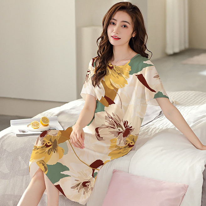 ROYALBELLE 여성 아이스실크 프린트 라운드넥 얇은 반팔 잠옷원피스 Z0042205