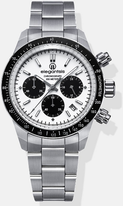 【elegantsis 愛樂時】休閒時尚防水200米三眼碼表計時鋼帶腕錶-白41mm(ELJT41QS-VW02MA)