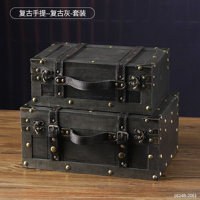 復古木質收納箱 手提箱 道具箱 儲物箱, 復古灰 套裝, 1套
