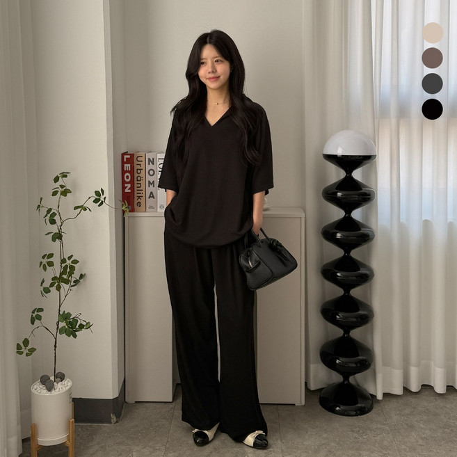 디테일웨어 여성 데이 카라 밴딩팬츠 투피스 세트 빅사이즈 임부복 홈웨어 시원한 여름세트 체형커버 오버핏 캐주얼룩