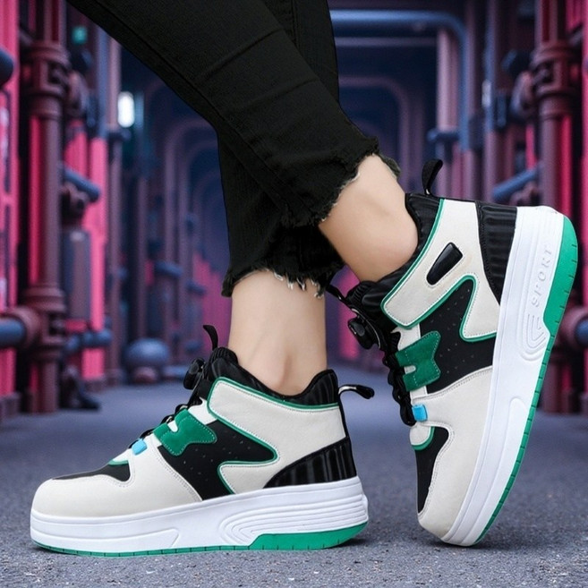 JINPEI 바퀴달린신발 운동화 더블 휠 운동화 변형 휠 남녀공용 운동화 탈착식 휠슈 인라인 스케이트 바퀴달린 신발 간편한 롤러슈즈 운동화 더블휠, 녹색, 1개