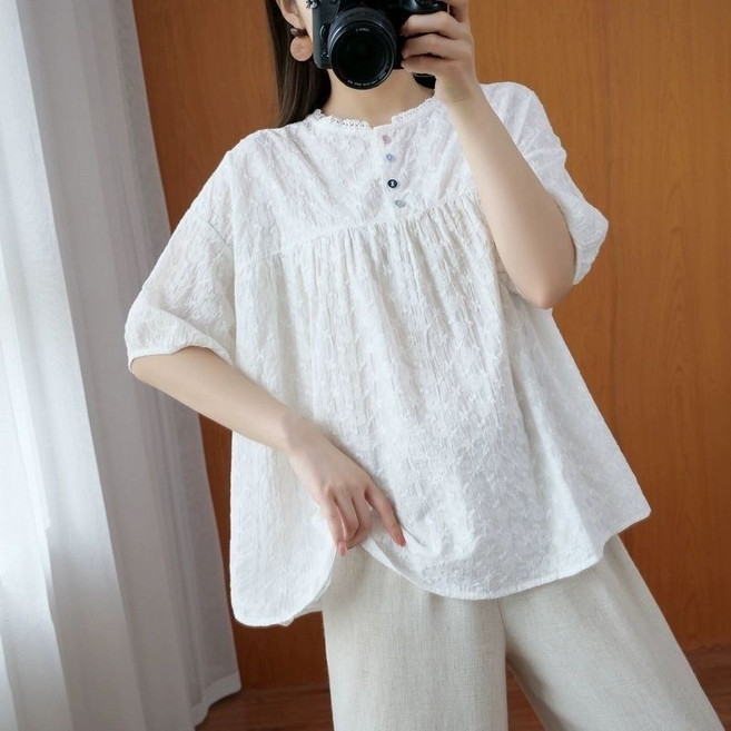 휠렉스 여성 데일리 루즈핏 베이직 반팔 블라우스 PY54