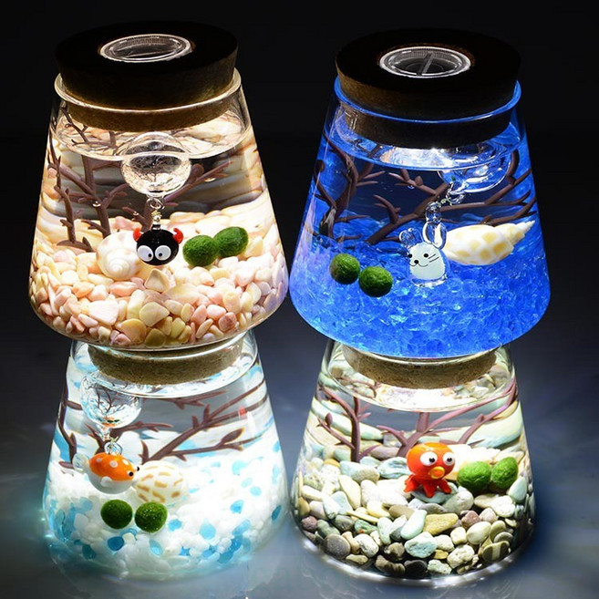 雨林薰舍 微景觀生態瓶(含燈) 綠藻球生態瓶 創意diy水培植物生態瓶 花瓶 室內綠植擺件, 1個, 空瓶+七彩燈