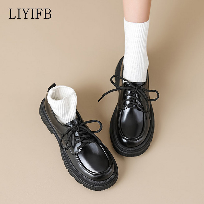 LIYIFB 여성 소가죽 스트랩 통굽 로퍼 구두 빅사이즈 265-220