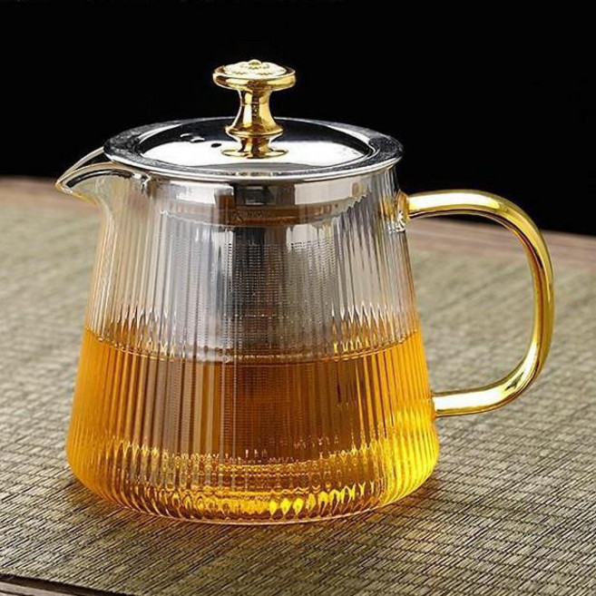 耐熱玻璃茶壺 養生壺 花茶壺 高硼硅 304不鏽鋼茶漏, 450ml直紋壺【金色,450ml-1000ml（貼標）, 1個