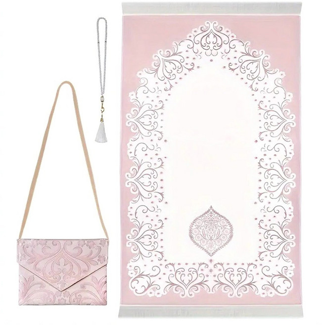 무슬림 기도용 깔개 (묵주 주머니 포함) - 무바라크 이슬람 기도 매트 (라마단용)