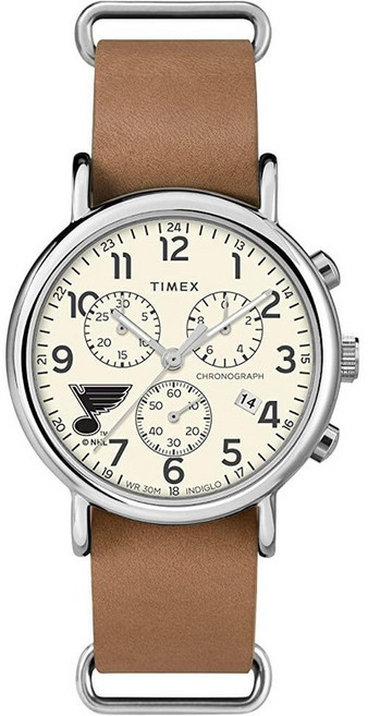 Timex Tribute 남성용 NHL 위켄더 크로노 40mm 쿼츠 가죽 스트랩 Boston Bruins 모던., 세인트루이스 블루스