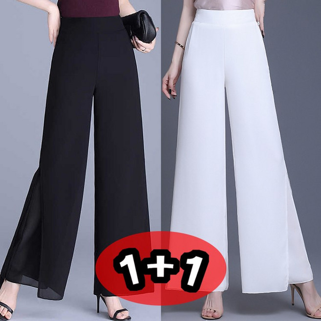1+1 여성용 여름 빅사이즈 하이웨스트 트임 치마바지 와이드 쉬폰 팬츠