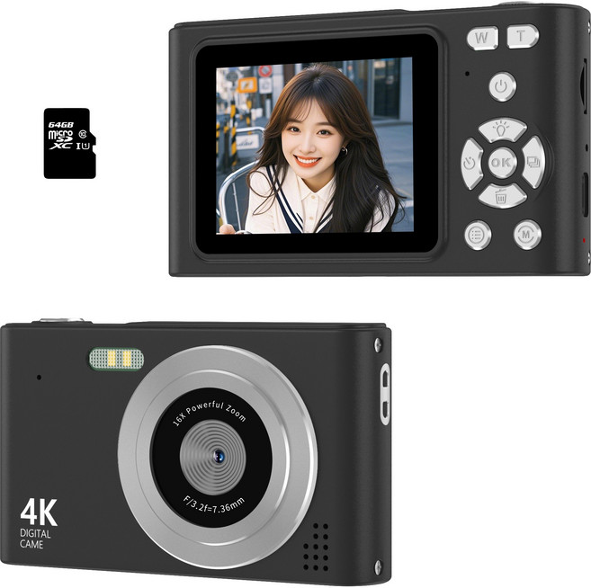 RUNHome 4800w 레트로 미니 디지털 카메라 여행용 인생+64G메모리카드, 블랙