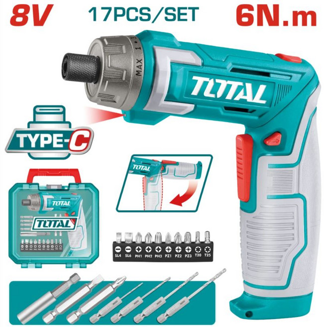 TOTAL 電動螺絲起子 Type-C充電 LED照明, 7個, 8V可折疊起子機
