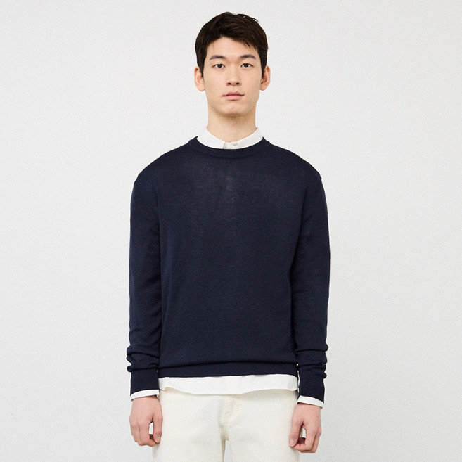 [STCO] 남성 베이직 라운드넥 간절기 니트 강연 아크릴 쿨터치 레귤러핏 네이비