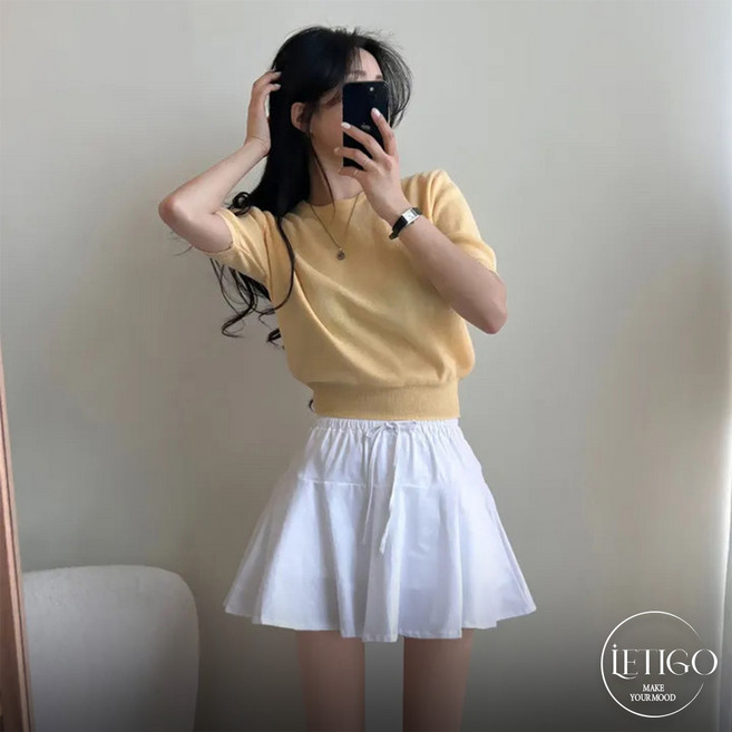 레티고 [속바지 일체형] 꾸안꾸 하이웨스트 무지 A라인 밴딩 미니 스커트