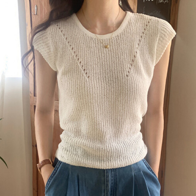 여성 라운드넥 스카시 캡소매 썸머 반팔 니트 W695