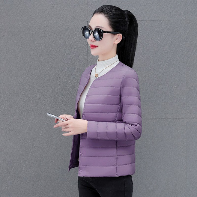 女款輕羽絨外套 秋冬保暖 白鴨絨填充 輕量防風防潑水 圓領合身款 淺紫 3XL